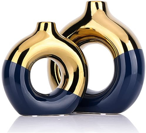 Blau und Gold Vase,Keramikvasen 2er-Set,Runde Vase für Tafelaufsätze Heimdekoration,Goldene Keramikvasen für Wohnzimmer-Dekor Heimdekor-Akzente