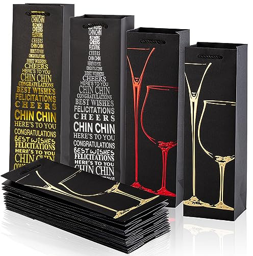 AKOFIC 12 Stück Geschenktüten Flaschen, Weintasche Flaschentüten mit Starken Henkel, Recycelbarer Flaschen Geschenkverpackung für Wein, Schwarz Papiertüten für Wein und Champagner Geschenk