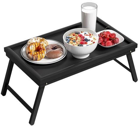 EXABANG Bandeja Cama Bambú Cama Mesa Plegable Cama Mesa (Negro) | Bed Table, Bandeja de Cama Bandeja de Comida con Pie Mesa Bandeja Cama 50 * 30 * 23 cm