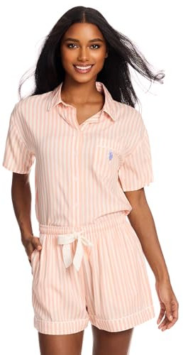 U.S. Polo Assn. Sommer-Pyjama für Damen, gewebtes Pyjama-Set mit Knopfleiste und Shorts, Lounge-Sets für Damen, Pfirsich, XL