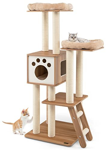 GYMAX Wooden Cat Tree, Indoor Plush Cat Tower with 2-Door Condo, Dual Perch, Full Sisal Posts and Ladder, Tall Kitten Activity Center for Climbing, Scratching, Sleeping(59 x 59 x 157 cm)