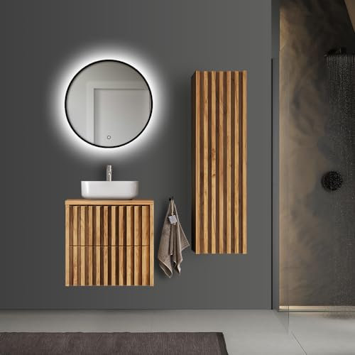Lomadox Badmöbel Set 3-teilig mit Waschtisch 60 cm in Eiche, Badspiegel beleuchtet, B/H/T ca. 115/200/45,5 cm