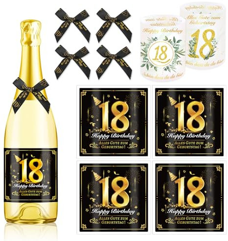 HOWAF 4 Flaschenetikett 18. Geburtstag, Alles Gute zum Geburtstag Flaschenetiketten Selbstklebend Schleife, Flaschenetikett 18 Geburtstag Geschenk Geburtstagsgeschenk für Frauen Männer