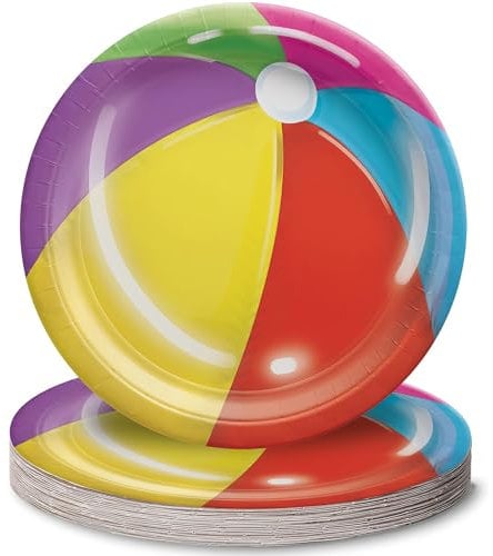 Amscan Vibrant Multicolor Beach Ball Printed Design Paper Plates - 6.75 (Pack of 20) - Round-Shaped Plates, Premium Quality & Eco-Friendly Material - Perfect for Picnics & Summer Theme Parties