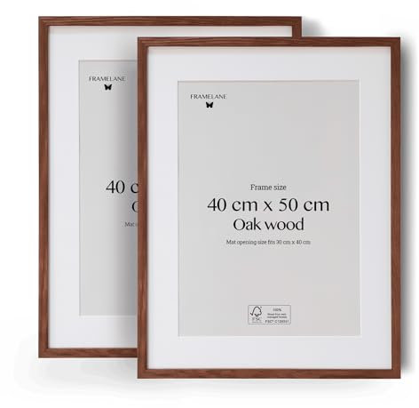 Framelane Set of 2 Bilderrahmen 40x50 - FSC-Zertifiziertes Holzbilderrahmen Dunkelbraun Aus Eichenholz, Mit Passepartout & Bruchsicheres Acrylglas, Für Vertikale Und Horizontale Wandmontage