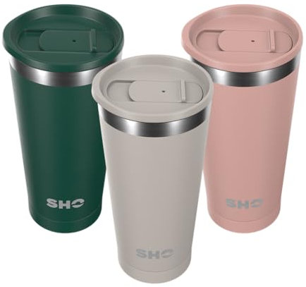 SHO Calix - Insulated Stainless Steel Coffee Cup, Travel Mug & Tumbler - Splash Proof - 500ml - 6 Hours Hot & 12 Hours Cold - Reusable, BPA Free, Thermal Vacuum Flask (Soft Taupe, 500ml)