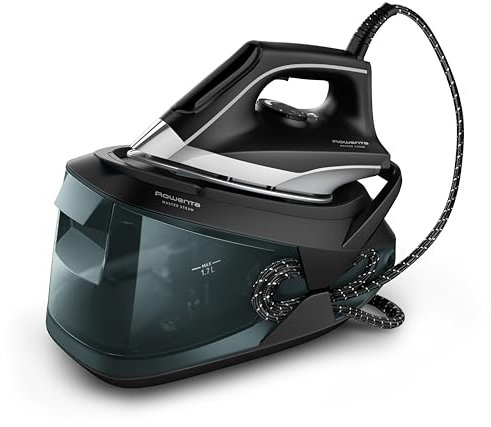 Rowenta Iron Steamer for Clothes Master Steam Station, Professional Steam Iron for Clothes with Stainless Steel Soleplate, 57 Oz, 400 Microsteam Holes, Built-In Pump, 1750 Watts, Black/Green, VR8338