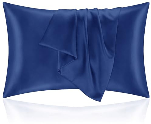 Kissenbezug Bett 50x90 aus Satin - Satinbezug Schützt Haut und Haare - Super Weich und Hypoallergen - 2er Set Kissenbezug mit Reißverschluss - Dunkelblau