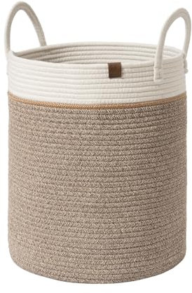 La Jolíe Muse Large Storage Basket - Cotton Rope Laundry Basket with Handle for Diaper Blanket Toy Towel Woven Laundry Basket Home Decor, Pewter Morch-M