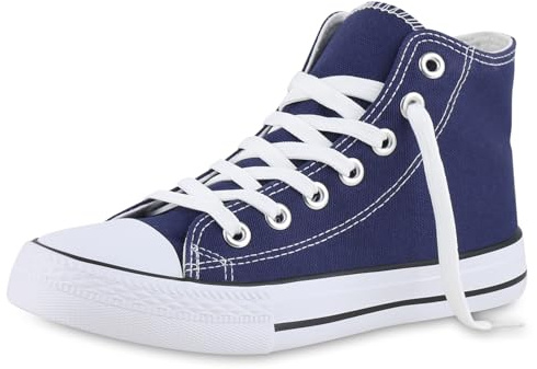 VAN HILL Damen Sneaker High Schnürer Bequeme Basic Freizeit Stoff Schuhe 215931 Dunkelblau 38