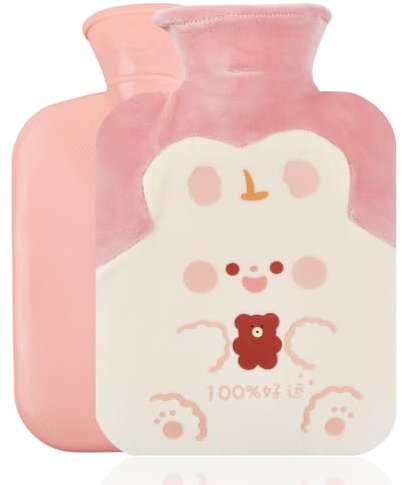 Bouillotte avec Housse en Peluche, 1L Bouillotte, Antidéflagrant et Anti-Fuite caoutchouc bouillottes, Bouillotte avec Modèle mignon d'ours brun de lapin peluche amovible (rose)