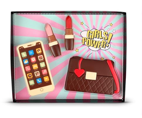Weibler Geschenkpackung Girl Set, Schokoladenfiguren Handy, Lippenstifte & Handtasche – 135g Edelvollmilch-Schokolade, Kreatives Schokoladen-Geschenk für Weihnachten, Geburtstag & Muttertag