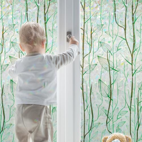Decorative Privacy Window Film Green Rainbow Leaf Stained Glass Door Clings Static No Glue for Home and Office Anti UV Glare Window Sticker Tints,35 inches by 78.7 inches