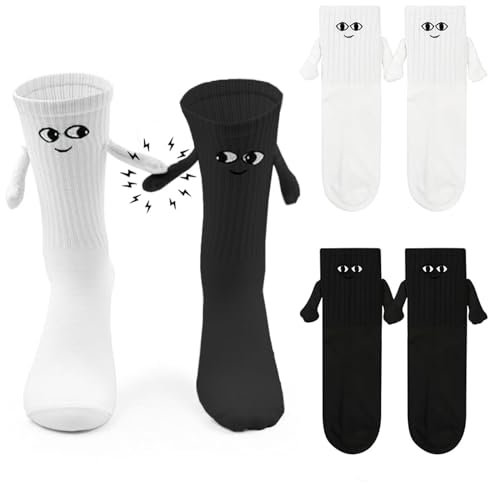 2 Paar Magnetische Socken mit Händen 36-43 Lustige Socken Damen Herren Hand in Hand Magnet Socken Kleine Lustige Geschenke für Frauen Männer Freunde Familie Partner Paar Kinder Party (Schwarz + Weiß)