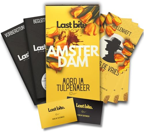 LAST BITE Krimidinner für Zuhause | 4 bis 6 Personen | Mord im Tulpenmeer Amsterdam | Spannendes Krimi Dinner Spiel ab 16 Jahren | 4-6 Spieler | Mörderische Dinnerparty (4-6 Personen)