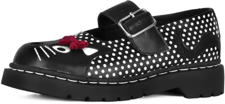 T.U.K. Anarchic Mary Jane Brogue - Premium Leather - Buckle with Contrasting Stitch Details - Women's Brogue Shoes - Color Black & White Dotty - Size UK8