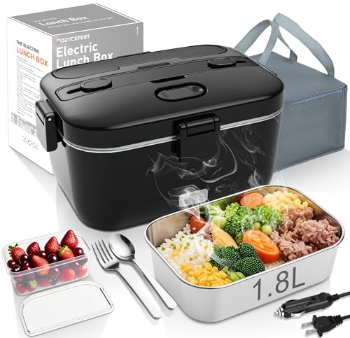 COZYEXPERT Electric-Lunch-Box-Heated-Food-Warmer 100W Heating Lunchbox for Adults 1.8L Portable Food Heater for Work/Car, 12V/24V/110-230V Lonchera Eléctrica Portátil with Fork Spoon (Black)