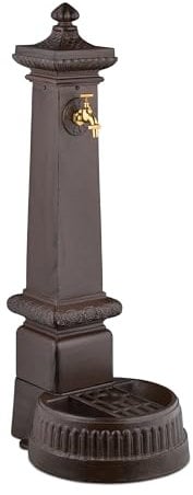 Relaxdays Fontana da Giardino in Stile Antico, Fontanella a Colonna con Rubinetto e Vaschetta, 100x44,5x38 cm, Marrone, Acciaio, Alluminio