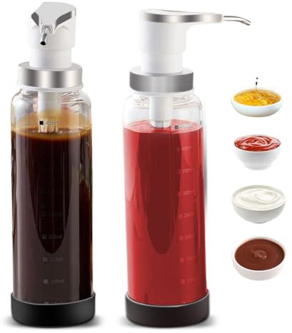 Piashow Saucenpumpenspender, Kaffeesirupspender, 500 ml – Glasflasche mit Edelstahlpumpe, Ölspender, Honig - und Saucenspender für Küche, BBQ, Restaurants – Präzise Dosierung und Auslaufsic (2 Stück)