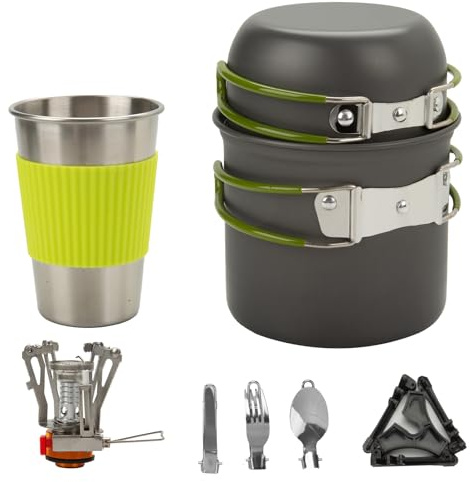7pcs Camping Cookware Kit,1.2L Pot, 0.6L Pot Stove Holder and Stainless Steel Cup with Cutlery and Spoon for Backpacking, Outdoor Camping, Hiking, and Picnics (Green)