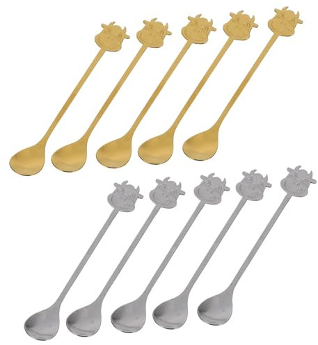 Homoyoyo 10Pcs Cow Cartoon Stainless Steel Spoon Golden Silver Colors Fun and Comfortable Design for Home Coffee Shops and Desserts and Idea