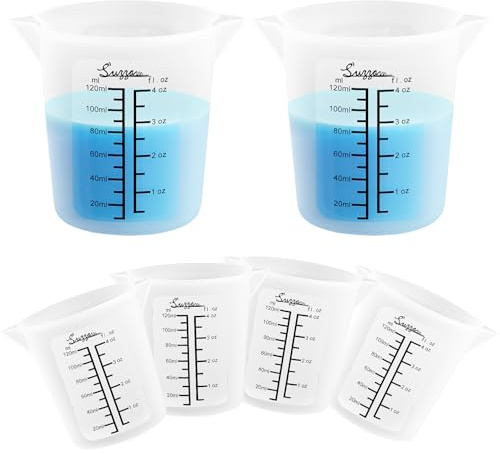 Suzzam 6pcs Silicone Measuring Cups Kits for Resin, 120ml Clearly 2 Scales Measuring Cups, Reusable Easy Clean Resin Supplies for Resin Mixing, Casting Moulds