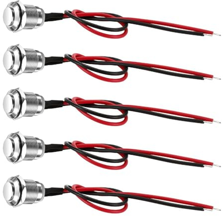 5 Piezas Pulsador a Prueba de Agua, Interruptor Momentáneo 12V, Mini Pulsador de Botones Acero Inoxidable con Alambre, Botón de Encendido Apagado IP65 12mm 2A 12V/24V/125V/250V (Cabeza Alta)