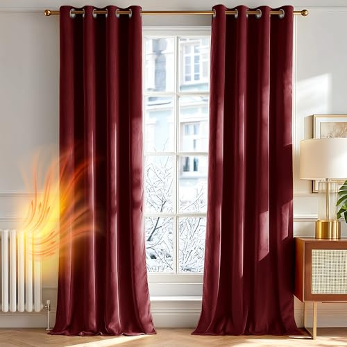Deconovo Rideaux Occultants, Rideaux au Touche Velours Hollandais, avec Œillets, Isolation Thermique, 140x240 CM (Largeur x Hauteur), Vin Rouge, 2 Pièces