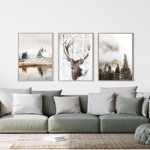 Moderne Schneelandschaft Kunst Dekoration,Weihnachtshirsch im Winter, Wandbild Poster Set für Wohnzimmer und Schlafzimmer, Weihnachtsdeko ohne Rahmen (Stil 13, 40x60cm*3)