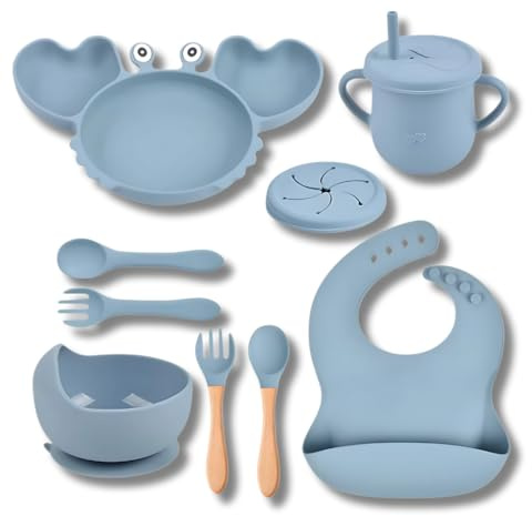 TELEFIX Vaisselle pour bébé - Ensemble repas pour bébé avec assiette, bol, gobelet, couverts et bavoir - Service enfant en silicone sans BPA - Passe au lave-vaisselle - Antidérapant - Bleu