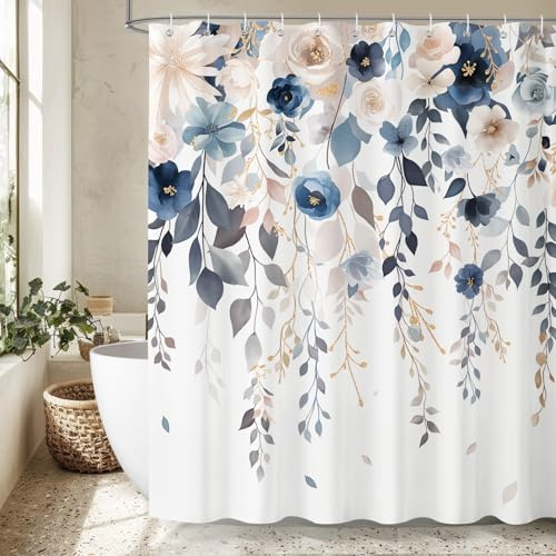 Rideau de Douche Bleu Rose Floral 180 x 180 cm, Coloré Fleurs Feuilles Plantes Rideaux de Douche pour Salle de Bain, Imperméable Anti-Moisissures Tissu Rideaux de Baignoire avec 12 Crochets