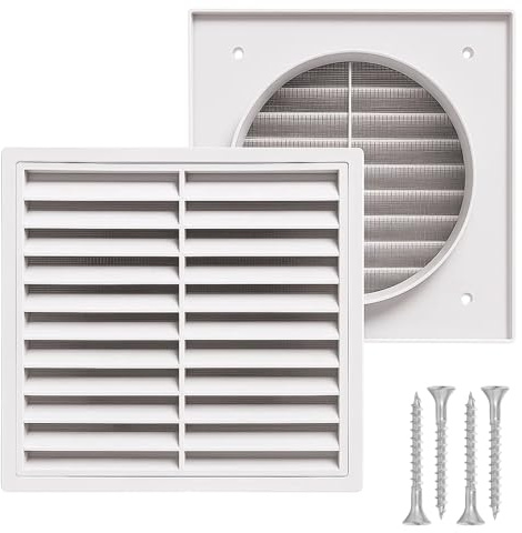 White Louvred Wall Vent Grille 155mm External Dimension with Flyscreen and Round 100mm - 4 Inch Rear Spigot for Bathroom, Kitchen, Extractor Fans (White)
