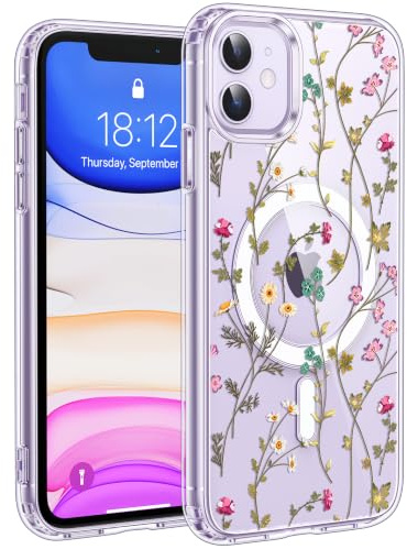 Jkvare for iPhone 11 Case, Crystal Clear Aesthetic Pattern Wireless Magnetic Protective Phone Cover for Women Girls - Country Florals