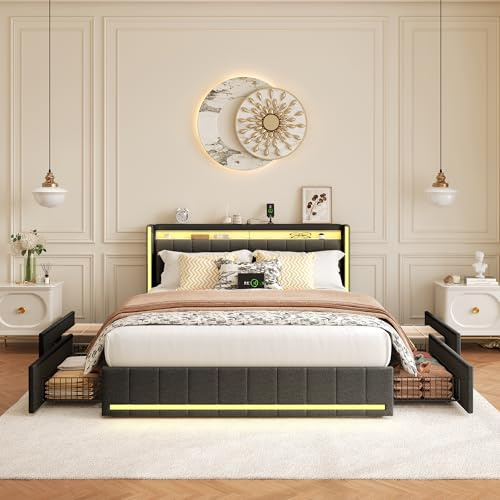 BPKADHY Polsterbett 140x190 mit LED, Doppelbett mit 4 Schubladen Stauraum und Kopfteil, Stauraumbett Jugendbett mit USB & Type-C, Bettgestell mit Lattenrost,Leinen in Dunkelgrau, Ohne Matratze