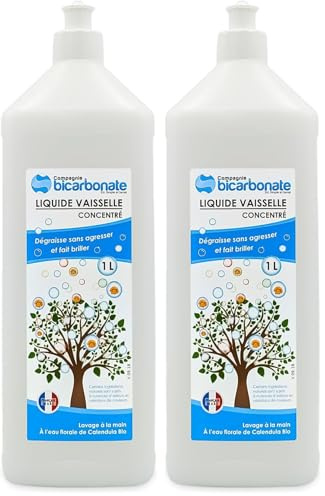 Liquide Vaisselle Bio Calendula - 1 L - Dégraisse et Fait Briller - Vaisselle, Eau Florale de Calendula Bio Lavande, Verveine Exotique - Sans Paraben-La Compagnie du Bicarbonate (Lot de 2)