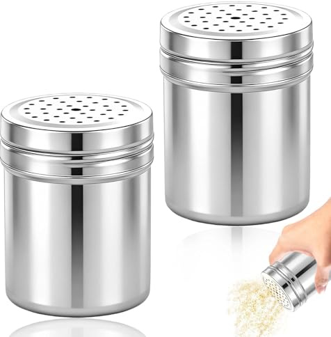 ATTEEFI 2 Piezas Tanque de Almacenamiento Metal Pimentero, Agitador de Especias Grande, Dispensador de Condimentos Acero Inoxidable Plateadas, Diseño de Orificio Completo, para Sal, Canela, Pimentón
