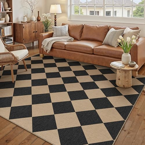 PureCozy Outdoor Teppich Wohnzimmer 140x200cm Outdoorteppich Wetterfest Balkon Braun Schwarz Teppiche Jute Optik Waschbarer rutschfest Groß Carpet Terrassen Garten Esszimmer BüRo Indoor Rug