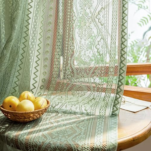 MYSKY HOME Vorhang Spitze Vorhänge Transparent für Wohnzimmer Stabtasche | Salbei Grün,2er Set,H245 x B140 cm,Blumen Bestickte Vintage,Gardinen Landhausstil,Vorhänge Dekoschal für Schlafzimmer