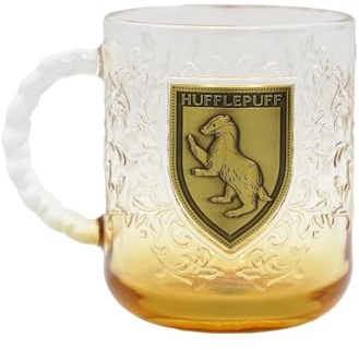 Harry Potter Hufflepuff Glass Mug, 414ml | House Mascot Collection, Amber Gradient, Brass Plaque, Collectible Gift for Harry Potter Fans