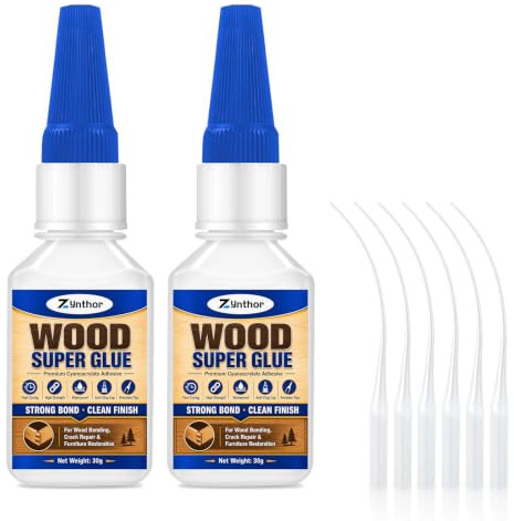 Wood Super Glue 2 Pack, Clear Strong Wood Glue with 6 Precision Tips | Fast Curing Waterproof CA Adhesive for Wood Bonding, Furniture Repair, Crack Repair, DIY Crafts and Home Restoration
