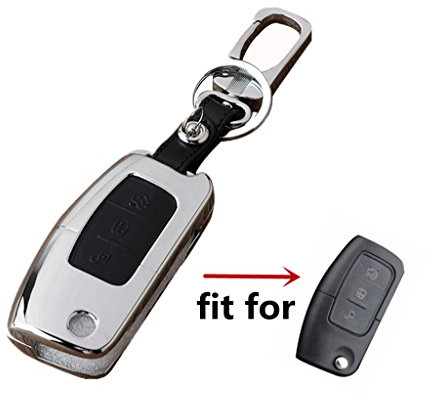 Happyit Zinc Alloy + Leather Car Folb Key Cover Cases for Ford Fiesta 3 Buttons Remote Control with Keychain Car Accessories (C Black)