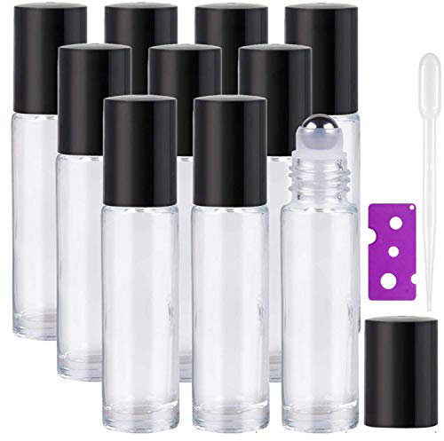 Yalbdopo Essential Oil Roller Bottles - 10Pcs, 10ml Refillable Transparent Glass Roll on Bottles with Black Lids, 12 Pcs Labels, Dropper & Opener Included - Perfect for Fragrance, Aromatherapy