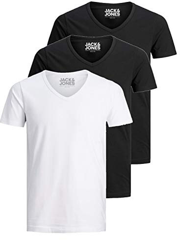 Jack & Jones Camiseta básica para hombre, cuello de pico, paquete de 3 unidades, color liso, corte ajustado, en blanco, negro, azul y gris, S