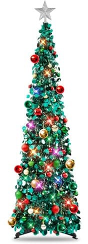 MACTING Christmas Tree, 5ft Collapsible Pop up Christmas Tinsel Tree with Stand Tinsel Coastal for Holiday Xmas Decorations,Home Display, Office Decor