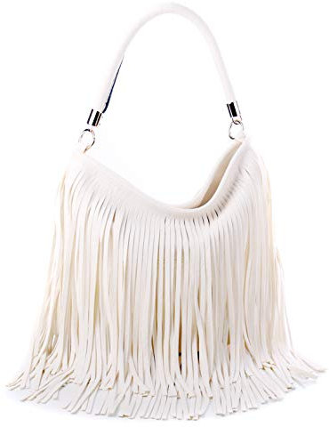 WEDMAY Damen Schultertasche mit Quaste, Cowgirl-Fransen, weiches Kunstleder, Stil 1 – gebrochenes Weiß, Large