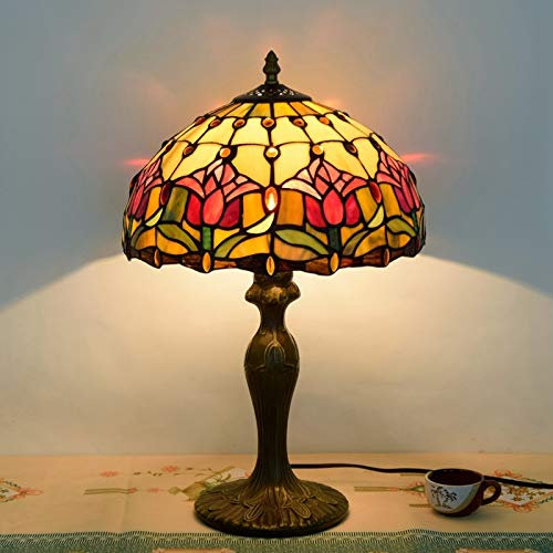 Blivuself Tiffany Tischlampe 12-Zoll-Tiffany-Buntglastischlampe American Garden Lampe kreativ Retro Red Tulip Hotel Schlafzimmer Nachttischlampe