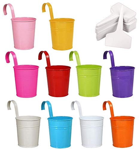 Annhao Vaso di Metallo, (Ganci Rimuovibili) 10 Metallo Ferro Vasi Di Fiori con Gancio per giardino Hanging Balcone Home Decor e 30 pezzi Marcatori di Piante, Di 10 Colori (10x10x8 cm)