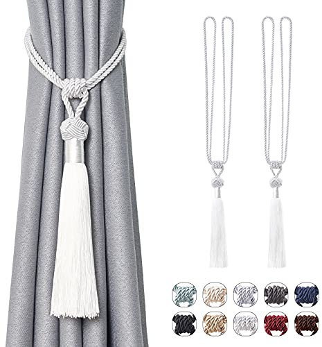 Pretty Jolly Langen Quasten Vorhang-Raffhalter Handmade geflochtene Seil Knoten drapierte Raffhalter Elegante dekorative Vorhanghalter für Zuhause und Büro, Weiß, 2 Stück