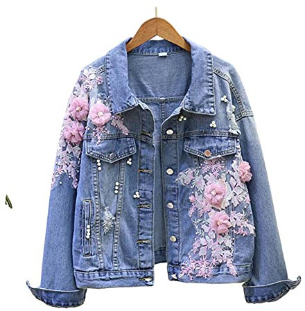 ZKYUCHUN Printemps Automne Jeans Veste Brodé 3D Fleurs Trou Cowboy Survêtement Causal Femmes Demin Manteau Jaqueta Feminina-Couleur1_L