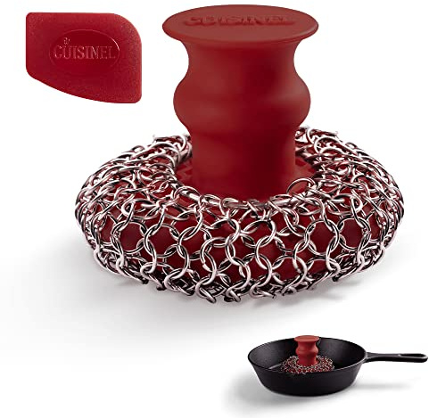 Cuisinel Grattoir en Fonte + grattoir à poêle – Acier Inoxydable et Silicone Ergonomique de Luxe – Design de qualité Alimentaire – Facile à Nettoyer